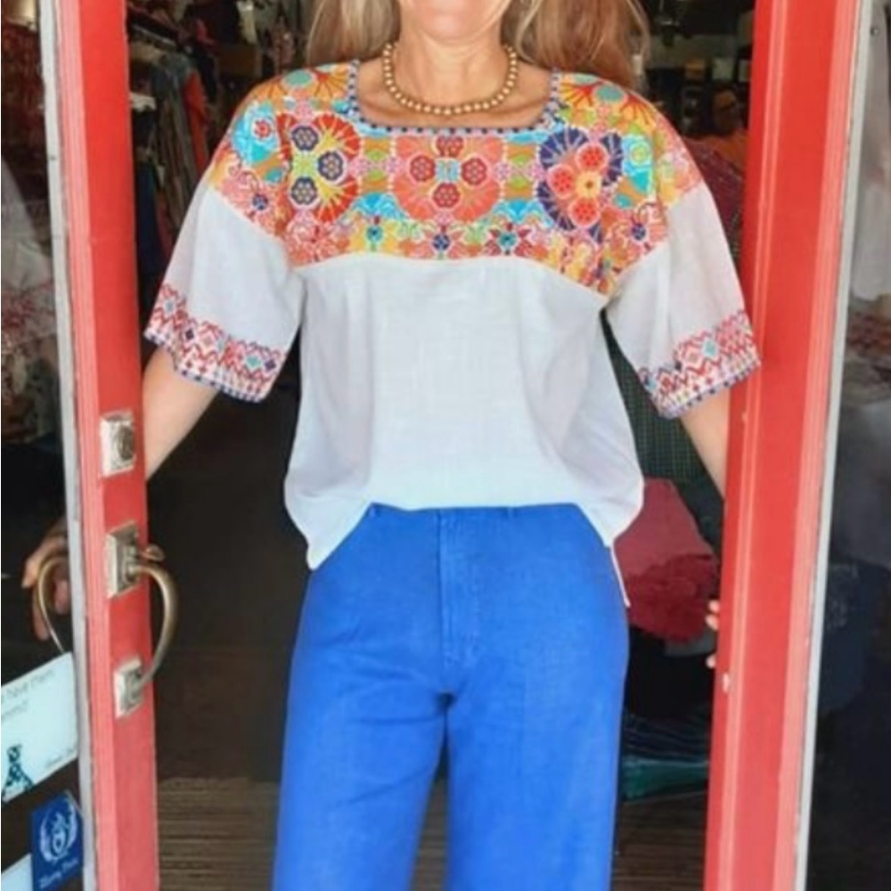 Ivy Jane Embroidered White Top with Colorful Floral Design